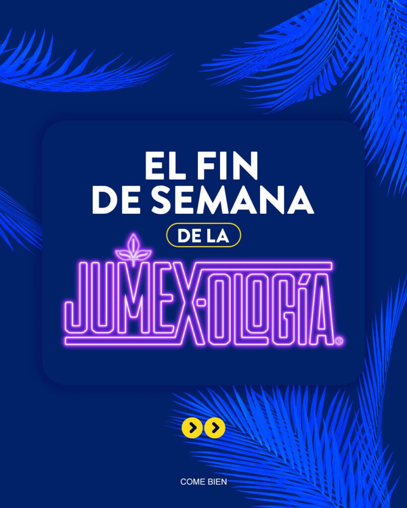 Jumex promociona el evento "El Fin de Semana de la Jumexología" con un diseño gráfico moderno de estilo neón morado. El fondo es azul oscuro y está decorado con hojas de palmera en tonos de azul eléctrico, en un ambiente de fiesta o celebración.