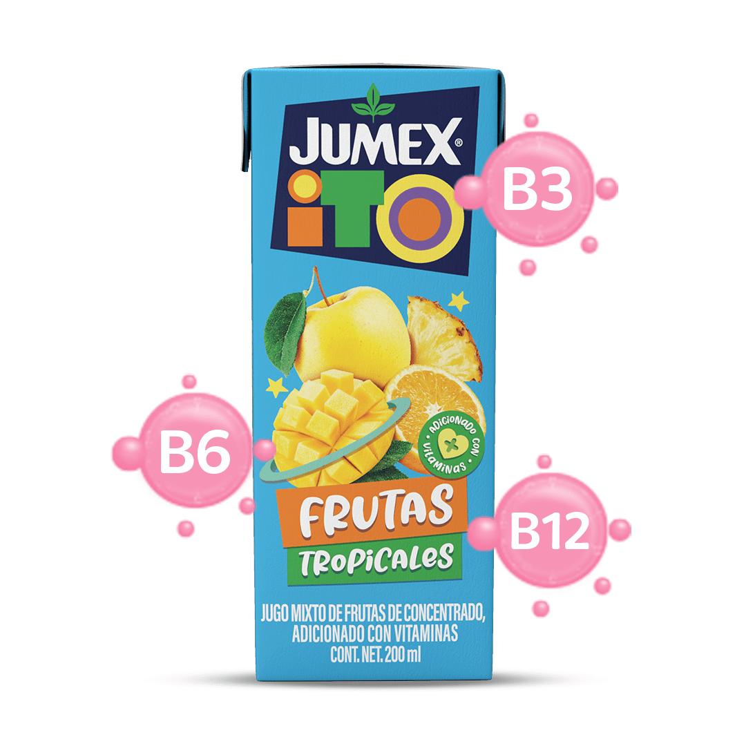 100% jugo de fruta enriquecido con vitaminas B3,B6 y B12 sin azúcares añadidas, sin conservadores ni colorantes