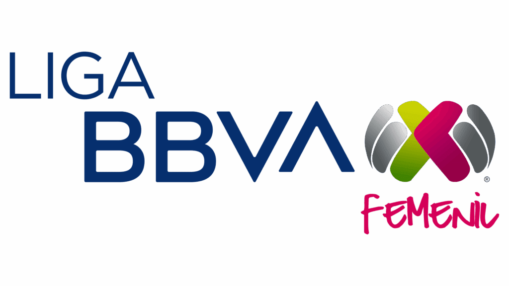 Logotipo oficial de la "LIGA BBVA FEMENIL" en letras azules y magenta. El diseño incluye un icono esférico estilizado con formas dinámicas en colores verde, gris y rosa, representando la identidad visual del torneo de fútbol profesional femenino en México.