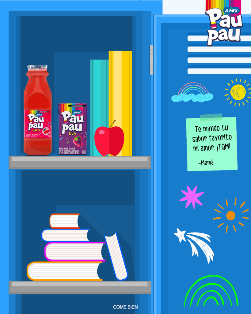 Ilustración de un casillero escolar azul que contiene una botella de Jumex Pau Pau sabor Cereza y una caja de sabor Uva junto a libros y una manzana. En la puerta del casillero hay una nota de "Mamá" que dice: "Te mando tu sabor favorito mi amor. ¡TQM!".