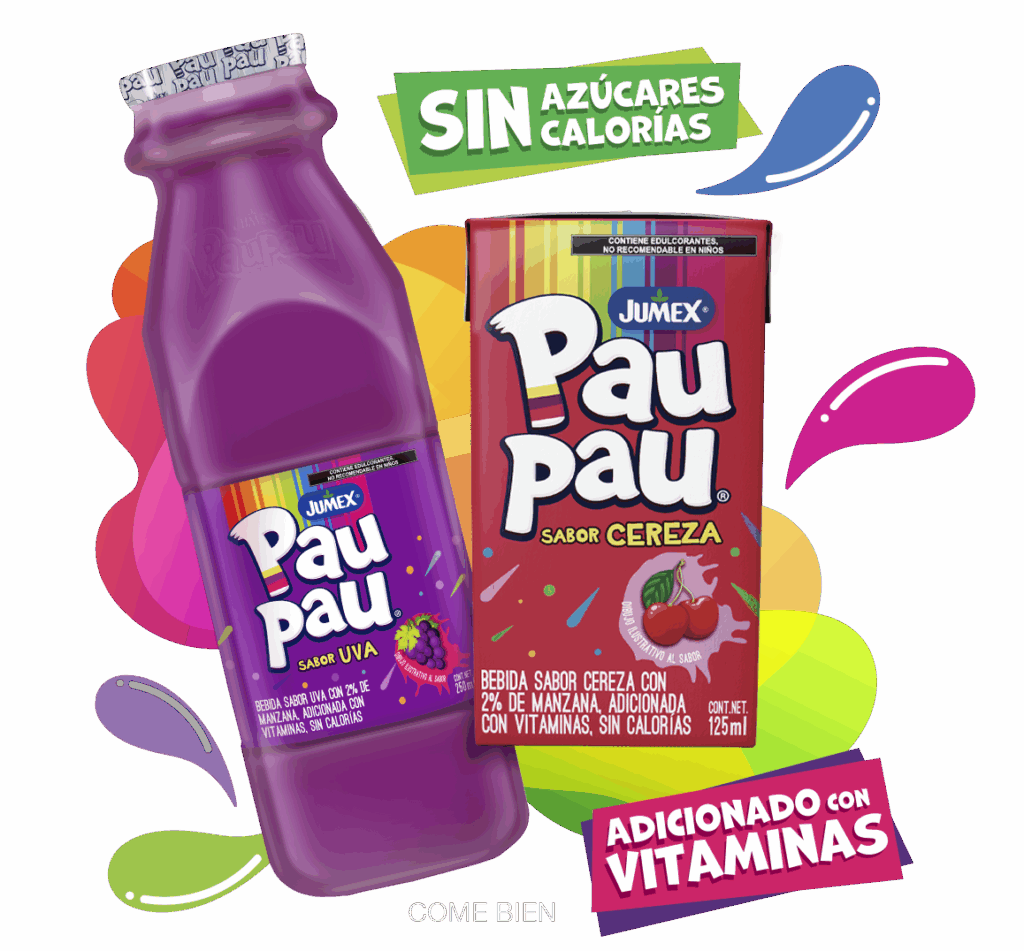 Publicidad de Jumex Pau Pau sabor Uva en botella de 250 ml y sabor Cereza en caja de 125 ml. La imagen destaca que las bebidas son "SIN AZÚCARES", "SIN CALORÍAS" y están "ADICIONADO CON VITAMINAS".
