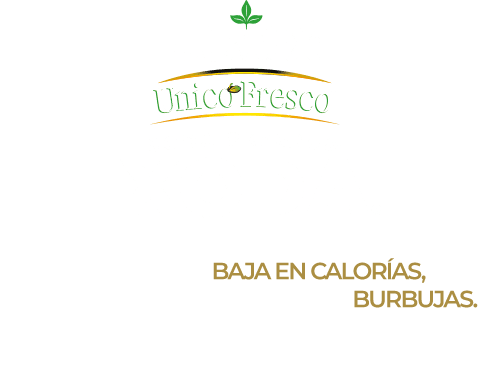 Logo de la línea de jugos Jumex Único Fresco con el eslogan que destaca las características del producto: "BAJA EN CALORÍAS, BURBUJAS."