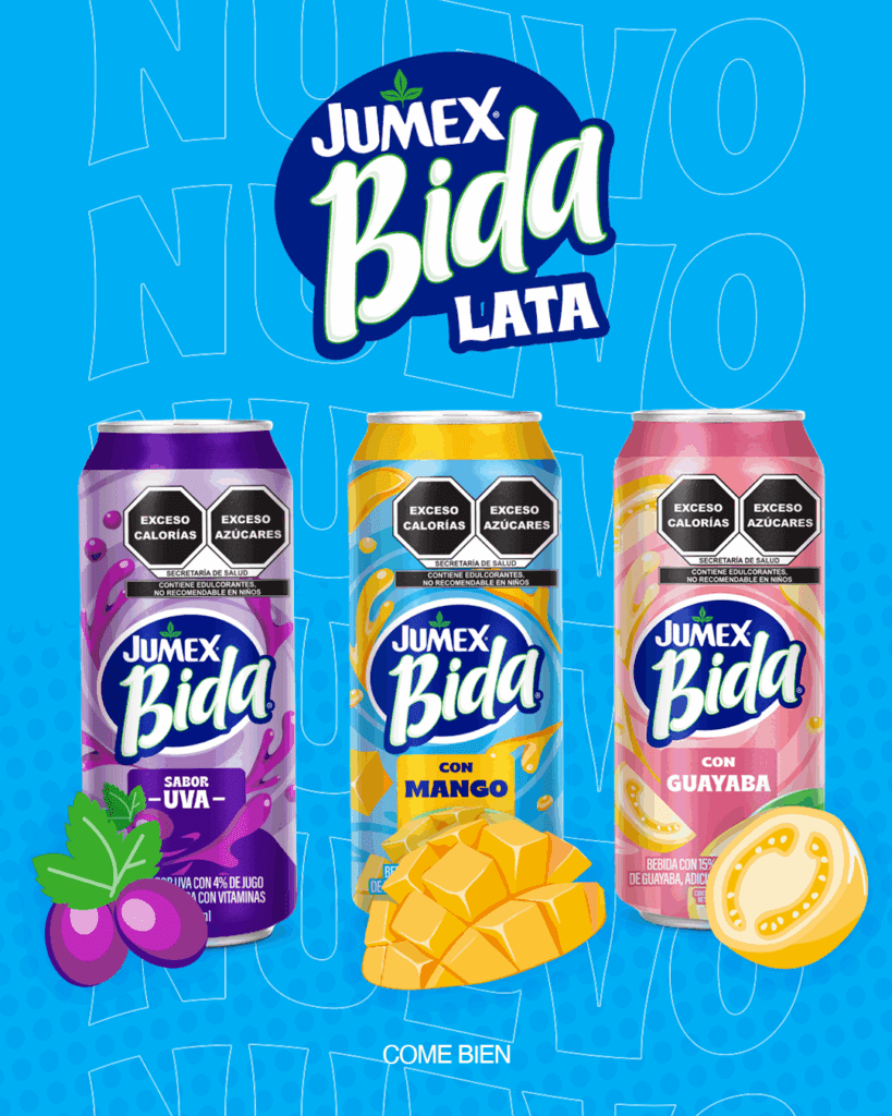 Publicidad de la nueva línea Jumex Bida en lata. Se muestran tres sabores: Uva, Mango y Guayaba. Las bebidas contienen sellos de advertencia por Exceso de Calorías y Exceso de Azúcares.
