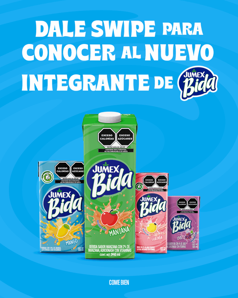Publicidad de la línea Jumex Bida, anunciando un "NUEVO INTEGRANTE". Se muestra un surtido de sabores en cajas (Mango, Fresa, Manzana) y una lata de Guayaba. El mensaje "DALE SWIPE PARA CONOCER AL NUEVO INTEGRANTE DE BIDA" y los sellos de Exceso de Calorías y Azúcares son visibles.