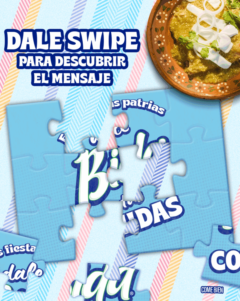 Campaña interactiva de Jumex (Rompecabezas). Una imagen de rompecabezas azul y rosa, con la frase "DALE SWIPE PARA DESCUBRIR EL MENSAJE", y un plato de guisado mexicano (posiblemente mole o chicharrón en salsa verde) con crema y cebolla en la esquina superior. El rompecabezas contiene las letras del logo Jumex Bida.