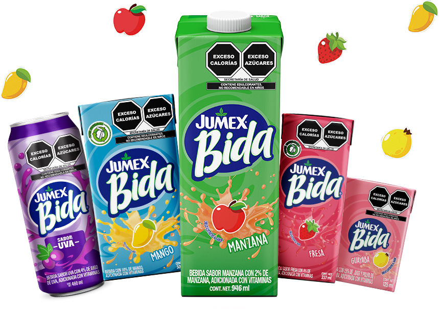 Surtido de bebidas Jumex Bida en diferentes sabores y formatos: lata de Uva (446 ml), cajas de Mango y Manzana (946 ml), y cajas pequeñas de Fresa y Guayaba (237 ml y 125 ml). Todos los productos Jumex Bida están adicionados con vitaminas y contienen sellos de advertencia por Exceso de Calorías y Exceso de Azúcares.